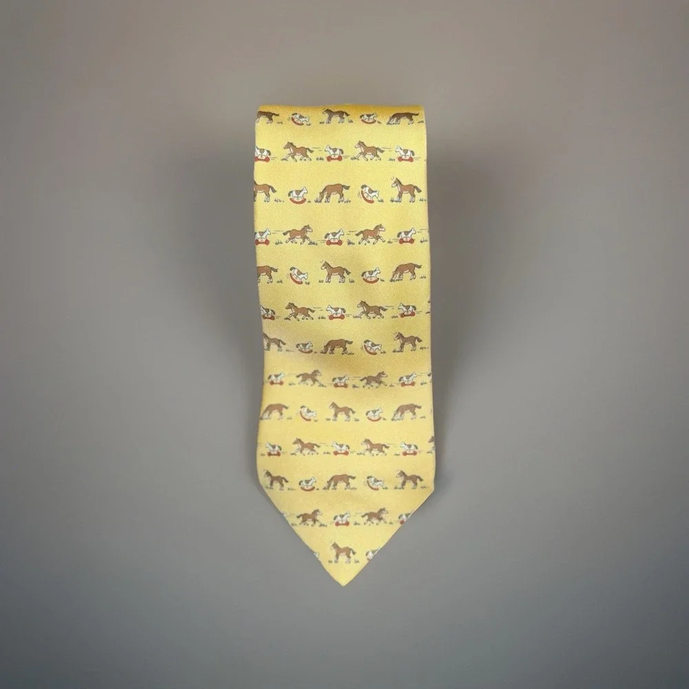 HERMES Paris Yellow 100% Silk Toy Horse Pattern Men's Tie Equestrian - Picture 2 of 4